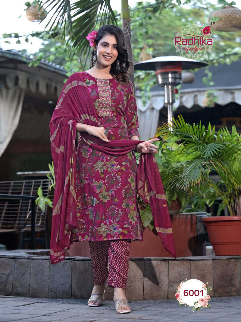 Radhika Lifestyle Seerat Vol 6 Rayon Capsule Foil Print Embroidery Work Kurti With Nazmin Dupptta Set