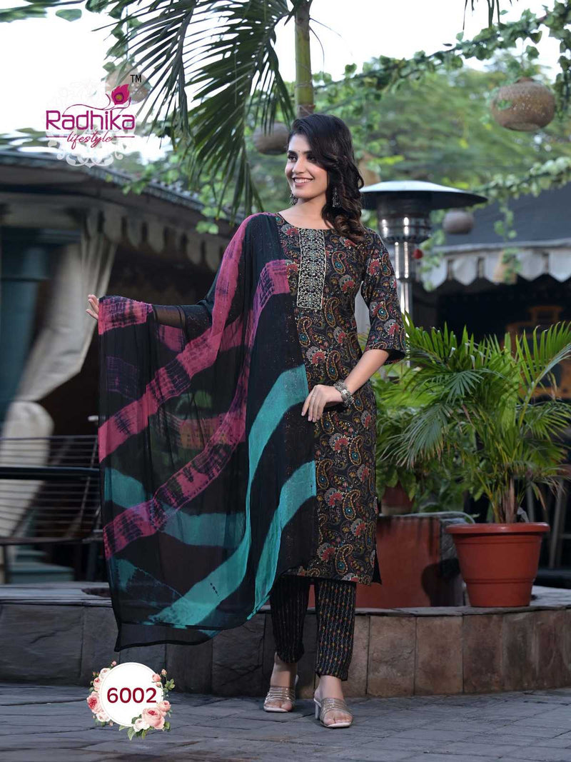 Radhika Lifestyle Seerat Vol 6 Rayon Capsule Foil Print Embroidery Work Kurti With Nazmin Dupptta Set