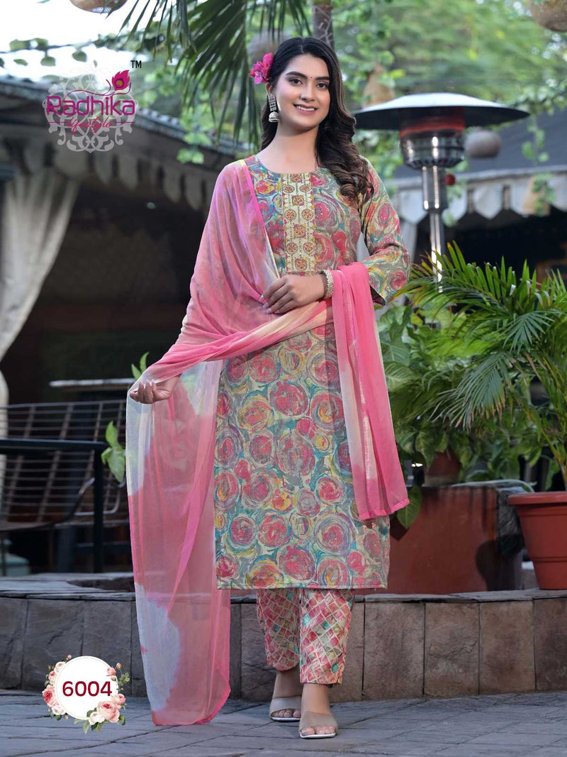 Radhika Lifestyle Seerat Vol 6 Rayon Capsule Foil Print Embroidery Work Kurti With Nazmin Dupptta Set