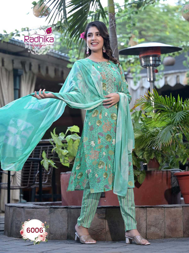 Radhika Lifestyle Seerat Vol 6 Rayon Capsule Foil Print Embroidery Work Kurti With Nazmin Dupptta Set