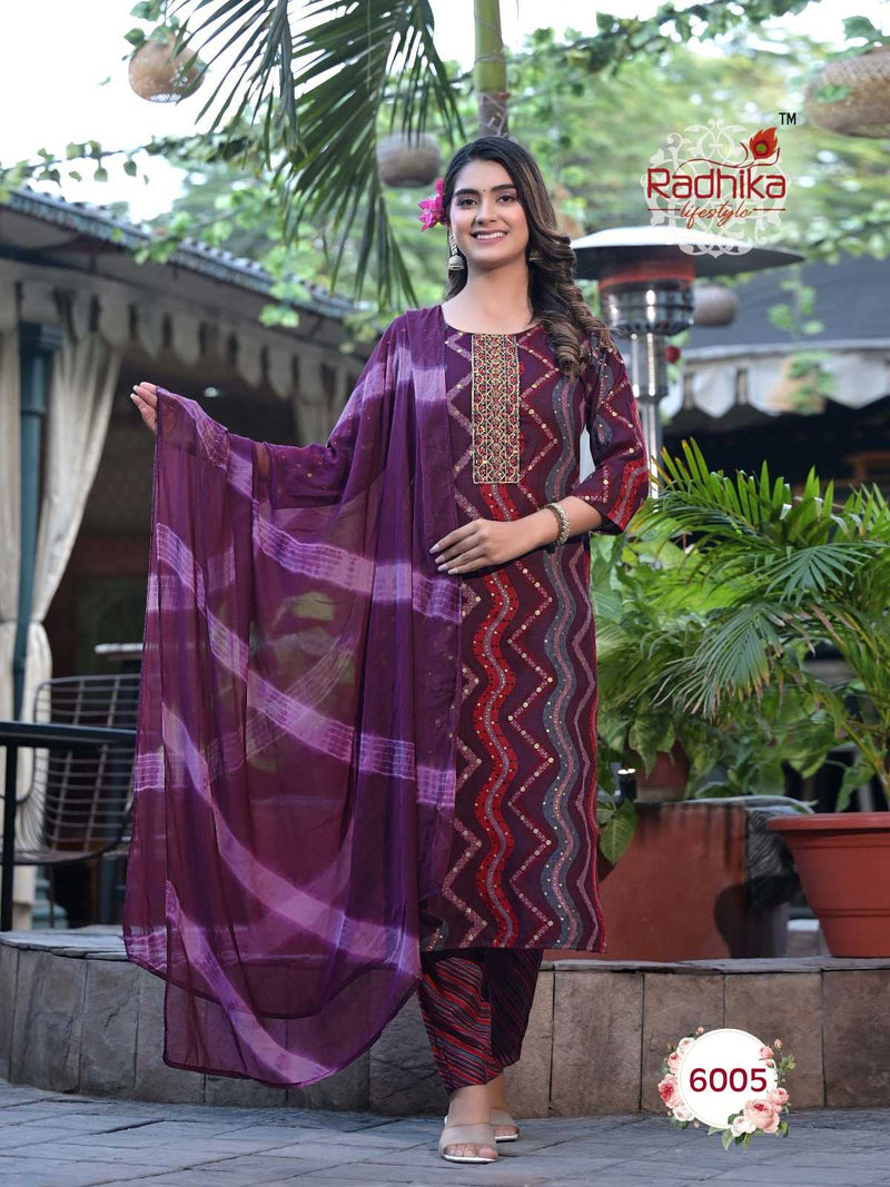 Radhika Lifestyle Seerat Vol 6 Rayon Capsule Foil Print Embroidery Work Kurti With Nazmin Dupptta Set
