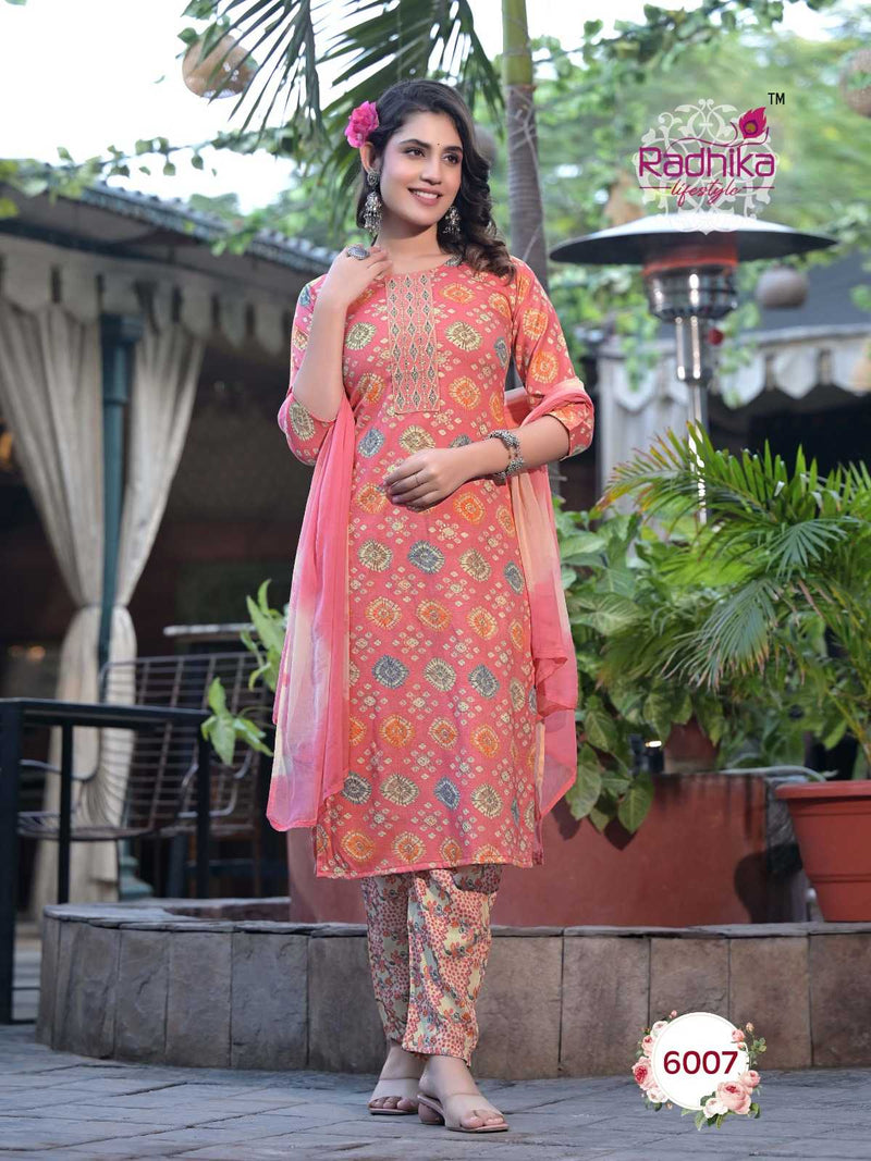 Radhika Lifestyle Seerat Vol 6 Rayon Capsule Foil Print Embroidery Work Kurti With Nazmin Dupptta Set