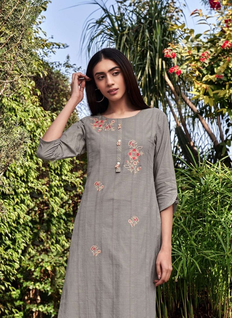 Grey embroidered cotton cotton-kurtis - Laakhi - 3993768