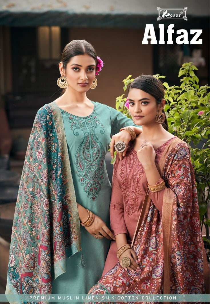 Kesar Alfaz Premium Muslin Linen Slik Cotton Embroidery Sleeve Work Fancy Designer Partywear Salwar Suti
