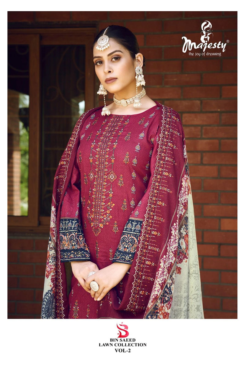 Majesty Bin Saeed Lawn Collection Vol 2 Pure Cotton Self Embroidery Designer Pakistani Salwar Kameez