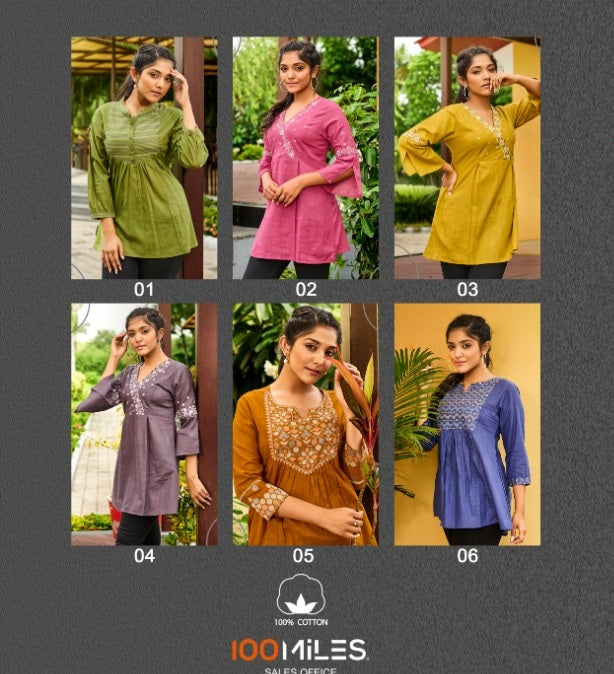 100 Miles Tanuja  Pure Cottonshort Kurtis with heavy embroidery and fancy detailing.