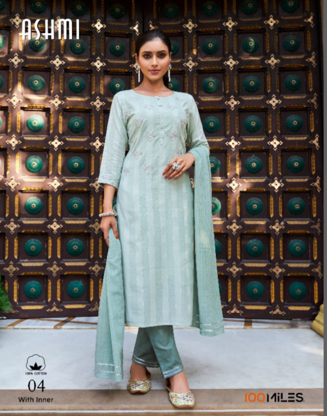 100 Miles Ashmi Satin Cotton Jari Work Stylish Designer Wear Kurti