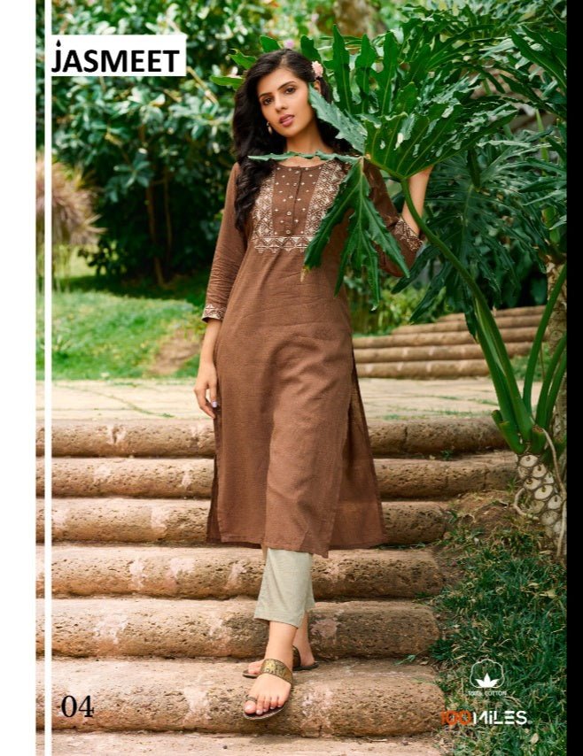 100 Miles Jasmeet Linen Cotton Stylish Designer Casual Wear Elegant Kurti