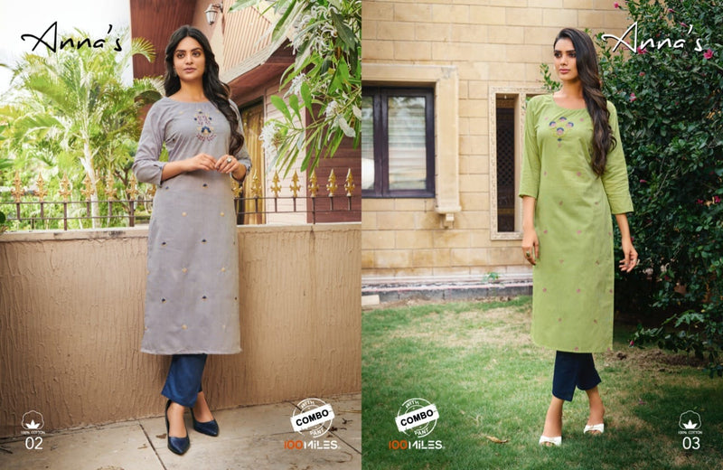 100 Miles Anna's Pure Cotton Printed Embroidery Work Exclusive Long Straight Casual Wear Kurtis