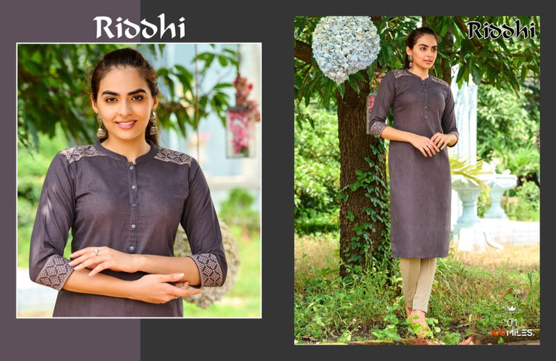 100 Miles Riddhi Linen Cotton Kurti Embroidery Detailing
