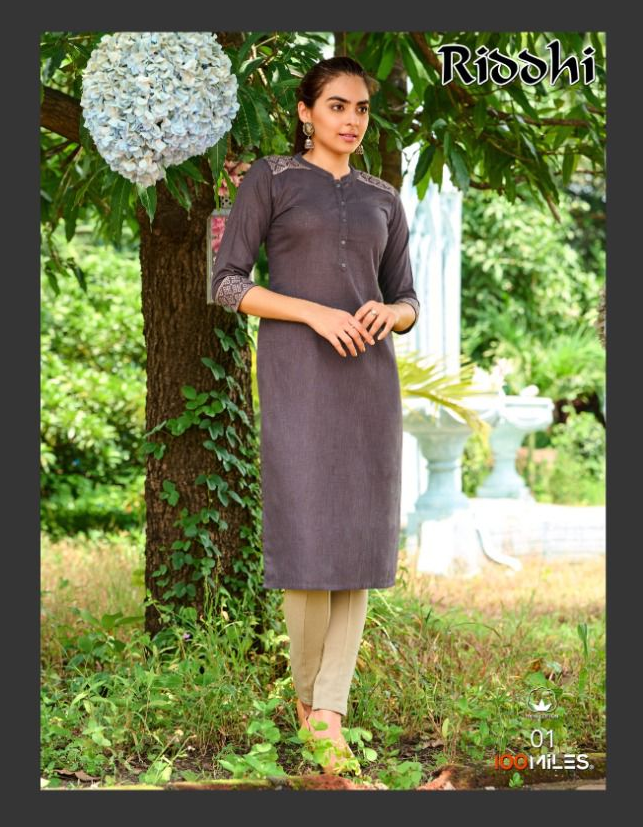 100 Miles Riddhi Linen Cotton Kurti Embroidery Detailing