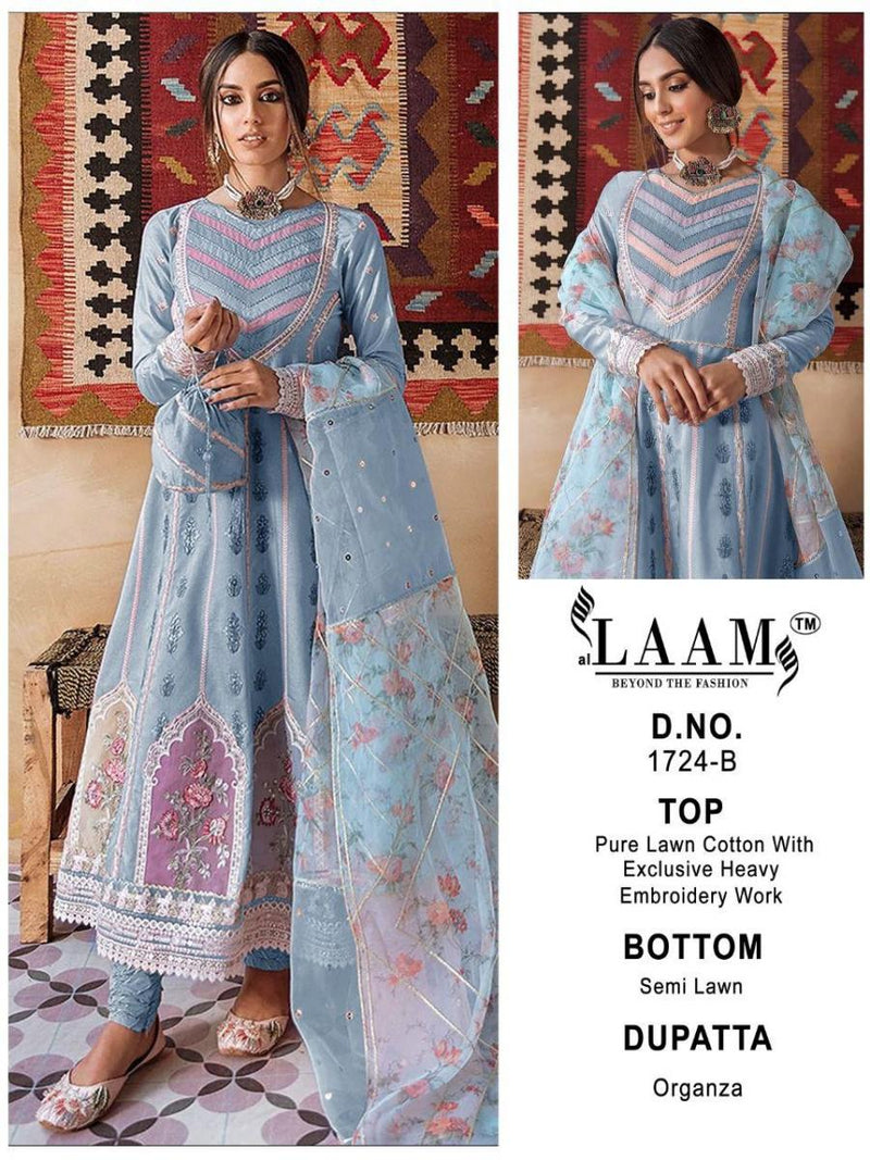 Al Laam 1724 Pure Lawn Cotton Pakistani Style Party Wear Salwar Suits With Heavy Embroidery