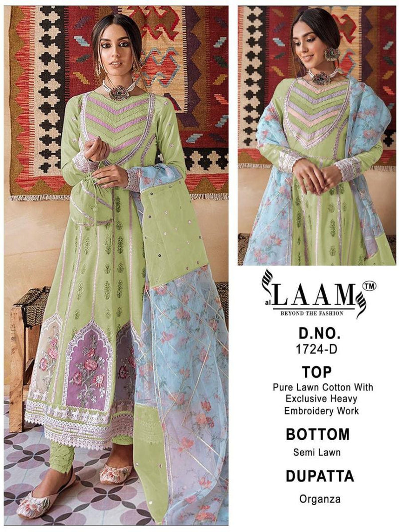 Al Laam 1724 Pure Lawn Cotton Pakistani Style Party Wear Salwar Suits With Heavy Embroidery