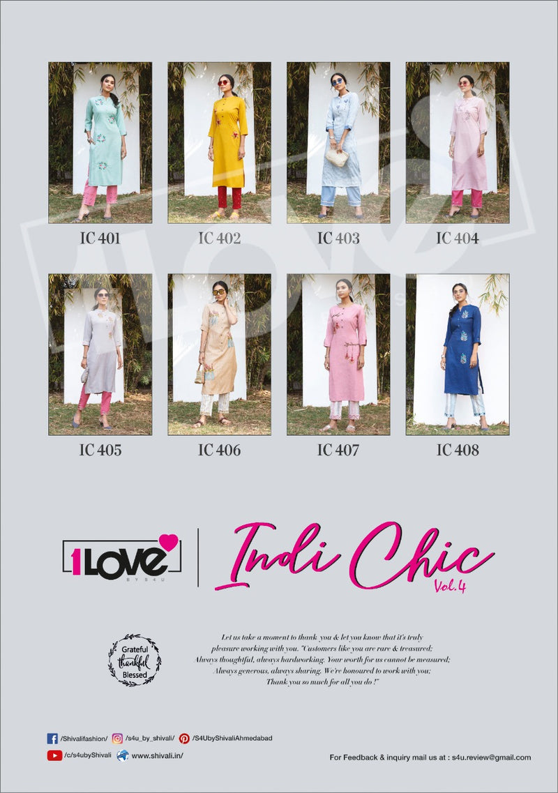 1 Love Indi Chic Vol 4 Ic 406 Rayon Designer Stylish Kurti With Pant