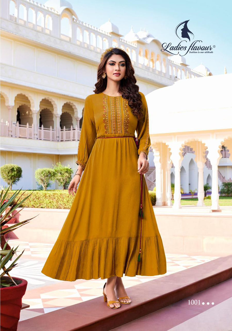 Ladies Flavour Mastani Rayon Wrinkle Embroidery Sequnce With Fancy Dori Partywear Kurti