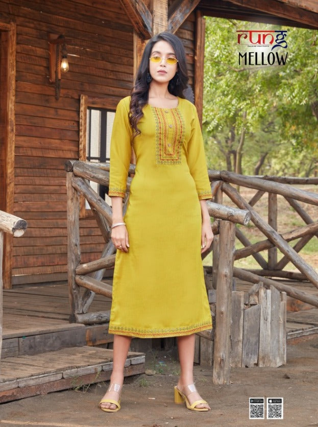 Rung Mellow Heavy Rayon With Embroidery Work Simple Long Kurtis