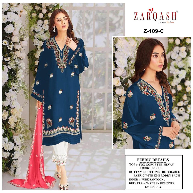 Zarqash Z 109 Fox Georgette Embroidery Handwork Santoon Inner Pakistani Kurti