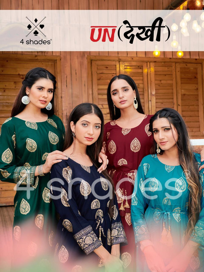 4 Shades Launch By Un Dekhi Vol 1 Rayon Print Front Side Cut Long Gown Type Fancy Kurtis