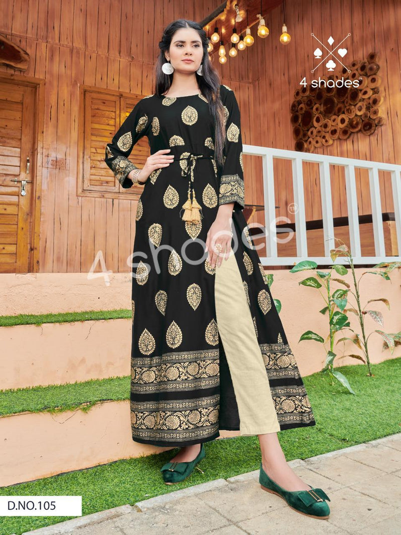 4 Shades Launch By Un Dekhi Vol 1 Rayon Print Front Side Cut Long Gown Type Fancy Kurtis