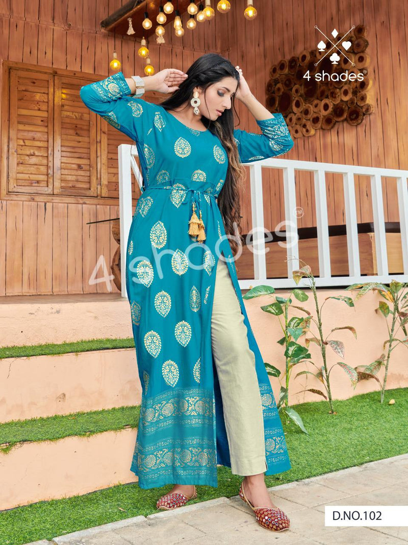 4 Shades Launch By Un Dekhi Vol 1 Rayon Print Front Side Cut Long Gown Type Fancy Kurtis