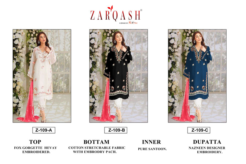 Zarqash Z 109 Fox Georgette Embroidery Handwork Santoon Inner Pakistani Kurti