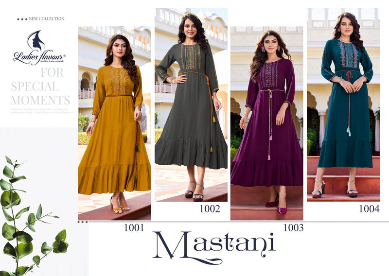 Ladies Flavour Mastani Rayon Wrinkle Embroidery Sequnce With Fancy Dori Partywear Kurti