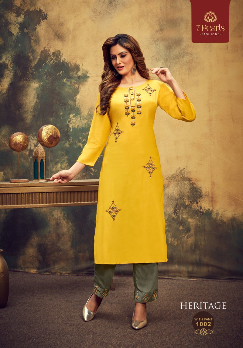 7 Pearls Launch Heritage Pure Viscose With Embroidery Hand Work Casual Wear Fancy Long Kurtis