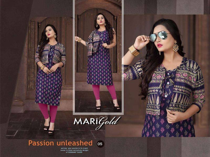 Aagya Kurti Marigold Rayon Printed Gorgeous Look Party Wear Kurti With Jacket