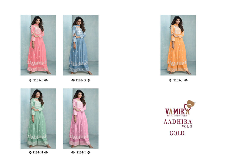Vamika Aadhira Vol 3 Gold Pure Rayon Viscos Fabric Heavy lakhnavi Embroidery Back Work Fancy Designer Partywear Kurti