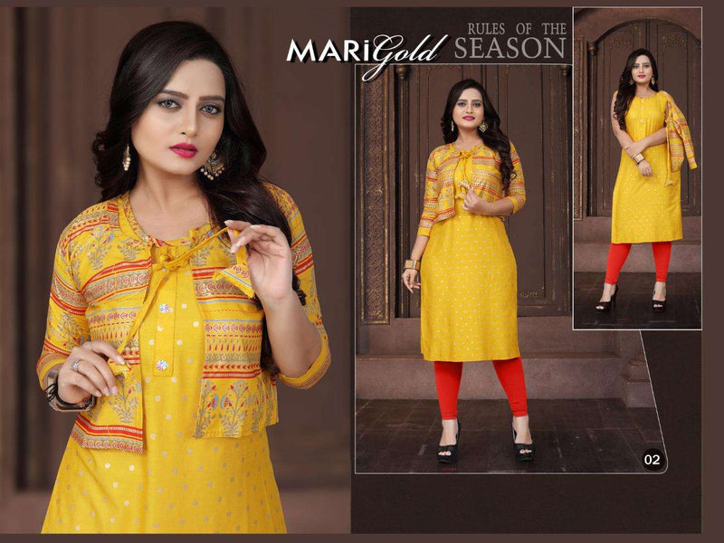 Aagya Kurti Marigold Rayon Printed Gorgeous Look Party Wear Kurti With Jacket