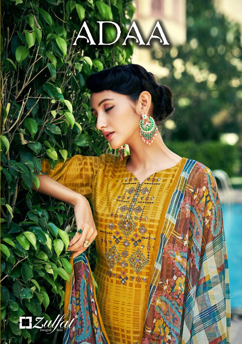 Zulfat Designer Suits Adaa Pure Jam Cotton Exclusive Designer Print Heavy Embroidery Swarovski Work Printed Designer Salwar Suit