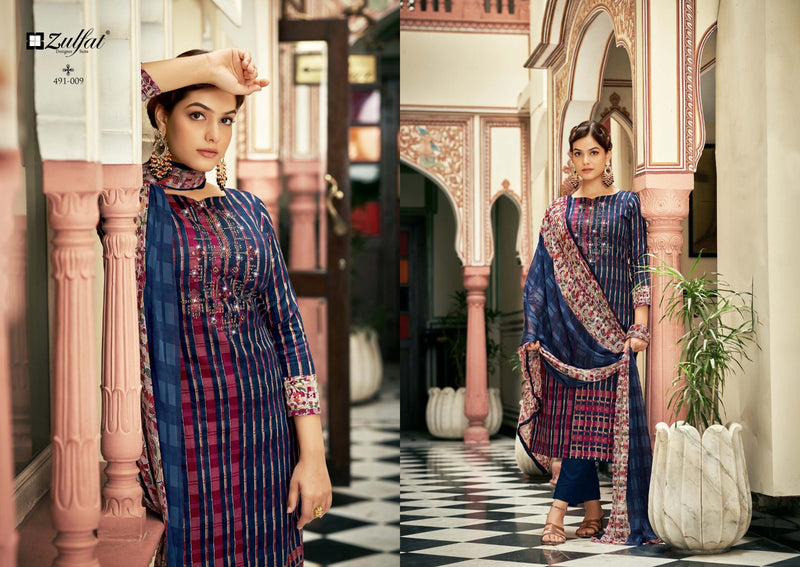 Zulfat Designer Suits Adaa Pure Jam Cotton Exclusive Designer Print Heavy Embroidery Swarovski Work Printed Designer Salwar Suit