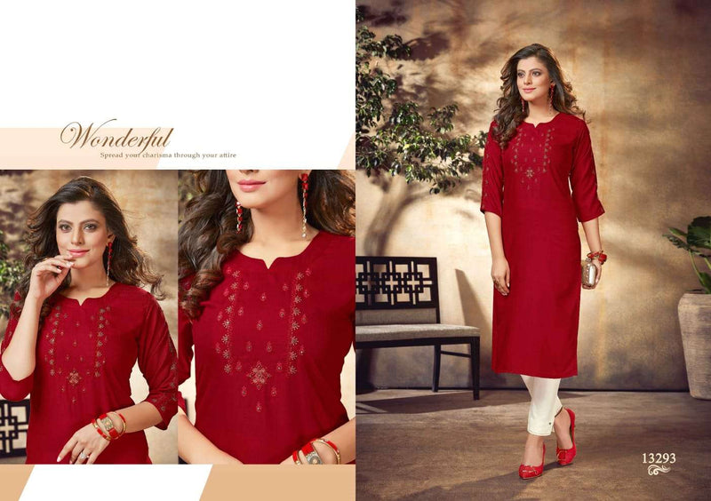 Kalaroop Kajree Fashion Adhira Rayon Fancy Embroidered Office Wear Kurtis