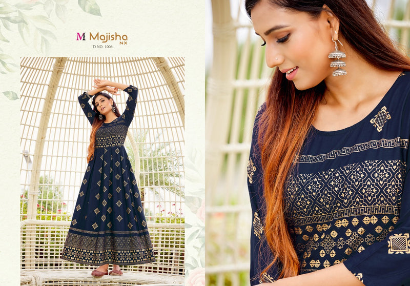 Majisha Nx Advika Vol 1 Rayon Foil Print Stylish  Long Gown Style Occasional Wear Kurtis