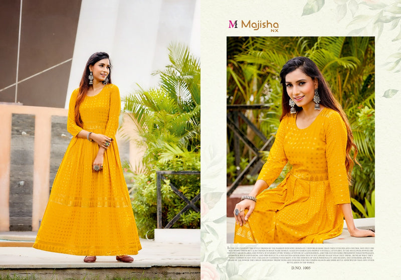 Majisha Nx Advika Vol 1 Rayon Foil Print Stylish  Long Gown Style Occasional Wear Kurtis