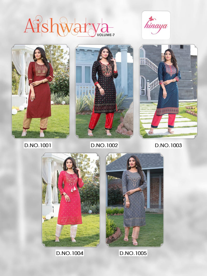 Hinaya Aishwarya Vol 7 Rayon Fancy Party Wear Kurtis With Bottom