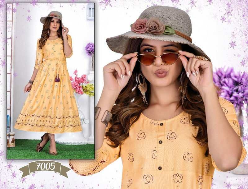 Golden Albeli Rayon Foil Printed Fancy Gown Style Party Wear Kurtis