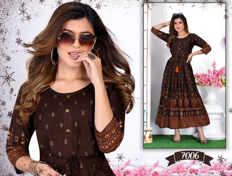 Golden Albeli Rayon Foil Printed Fancy Gown Style Party Wear Kurtis