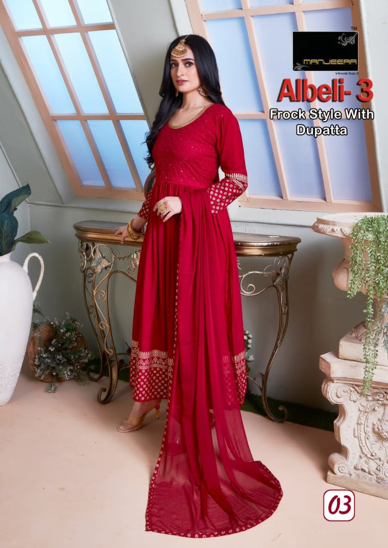 Manjeera Fashion Albeli Vol 3 Rayon Gown Sequence Work Fancy Designer Kurti