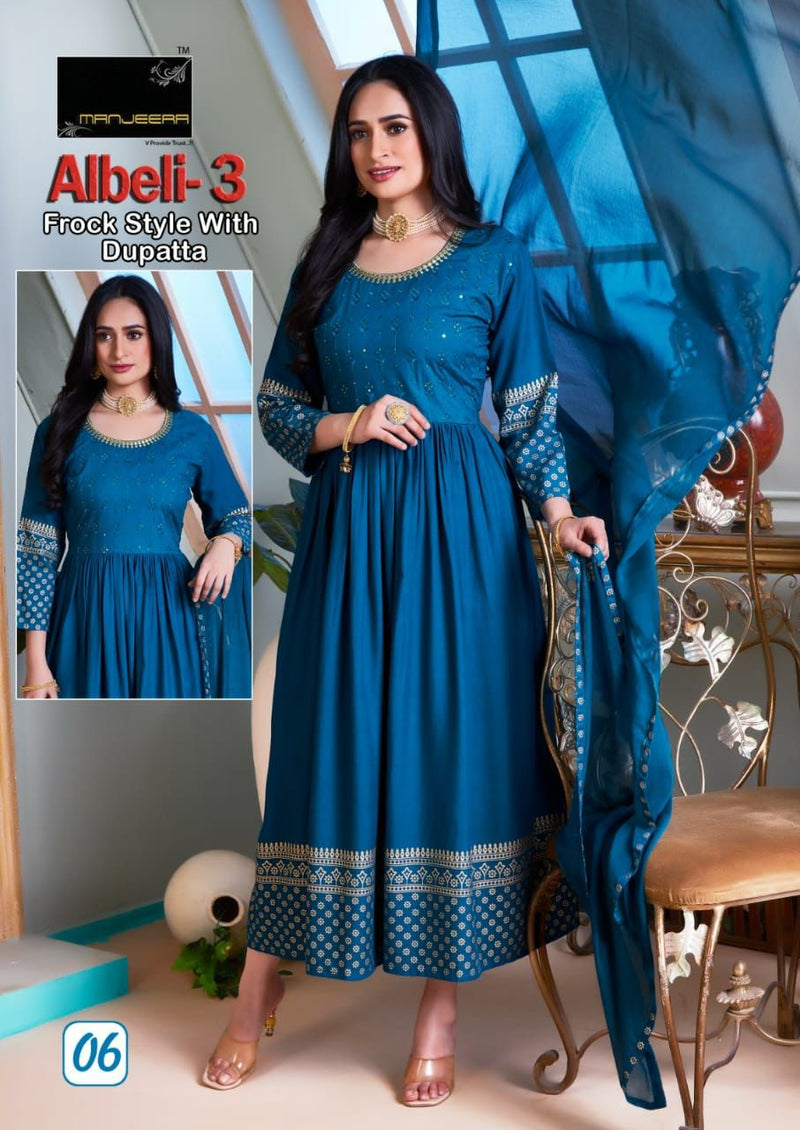 Manjeera Fashion Albeli Vol 3 Rayon Gown Sequence Work Fancy Designer Kurti