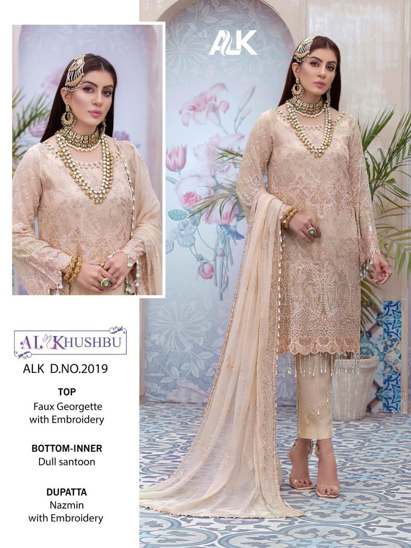 Al Khushbu Alk Dno 2019 Georgette Pakistani Style Heavy Embroidered Party Wear Salwar Suits