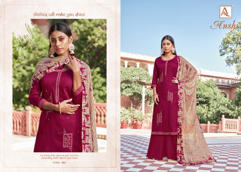 Alok Suit Anshi Pure With Fancy Embroidery Work Salwar Kameez In Jam Solid
