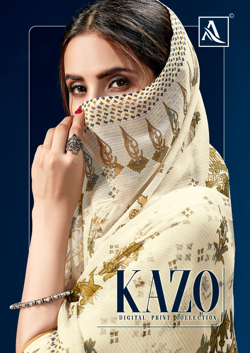 Alok Suit Kazo Digital Print White Lawn  Summer Salwar Kameez In Cotton