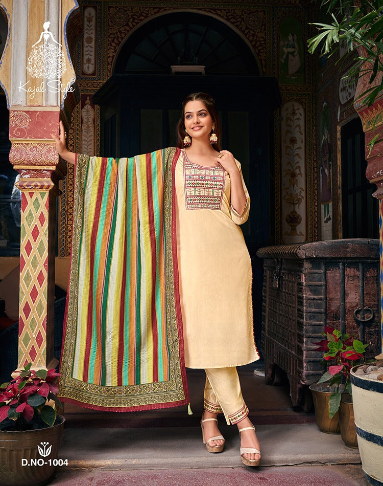 Kajal Style Ambarasiya Vol 1 Soft Silk Chanderi Fancy Embroidery Work Printed Designer Kurti