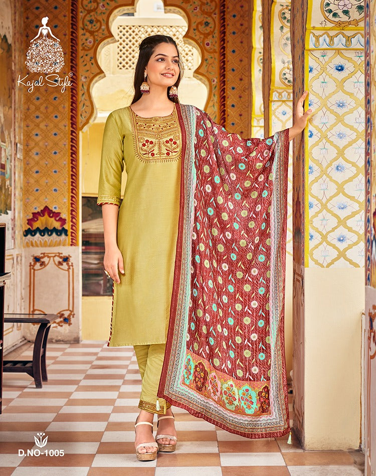 Kajal Style Ambarasiya Vol 1 Soft Silk Chanderi Fancy Embroidery Work Printed Designer Kurti