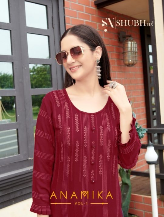 Shubh Nx Anamika With Linning Work Stylish Rayon Kurtis