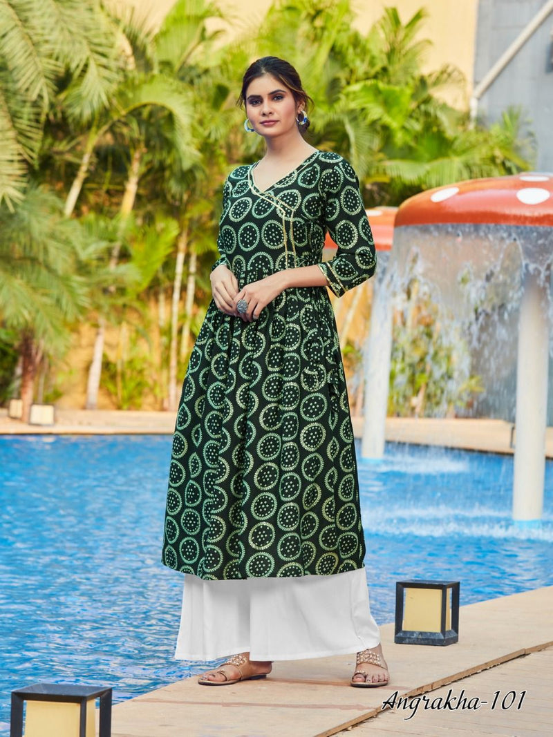 Vee Fab India Angrakha Rayon Foil Print Fancy Designer Kurtis