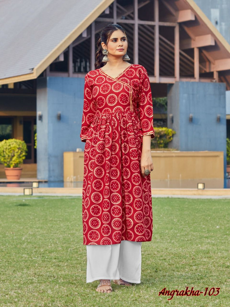 Vee Fab India Angrakha Rayon Foil Print Fancy Designer Kurtis