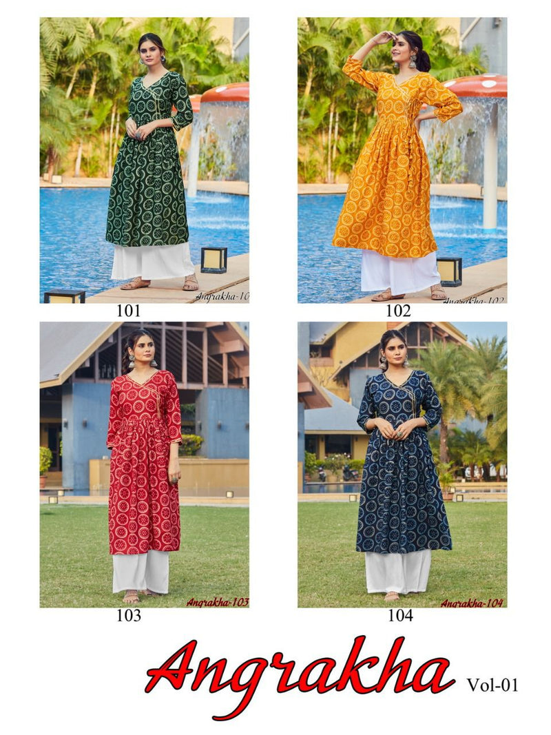 Vee Fab India Angrakha Rayon Foil Print Fancy Designer Kurtis