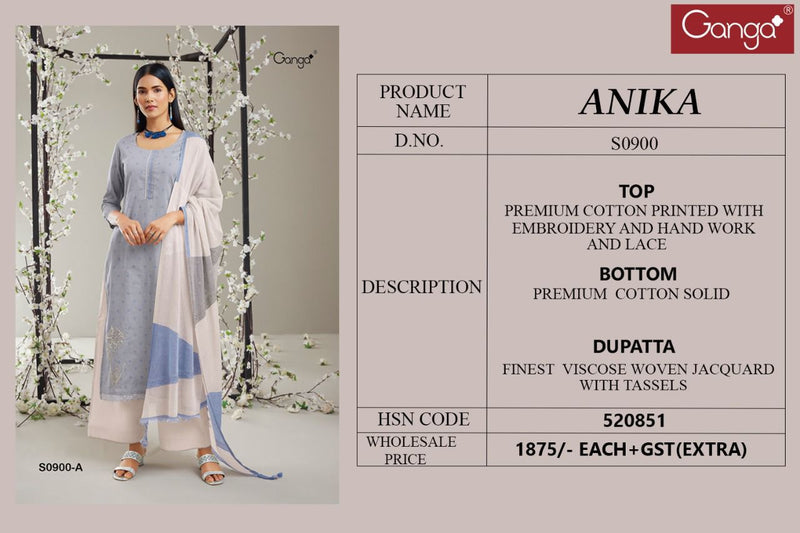 Ganga Anika 900 Premium Cotton Printed With Embroidery Festive Wear Salwar Suits